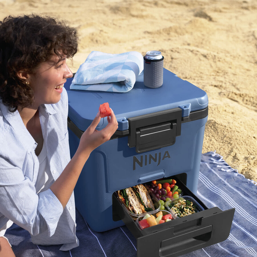 ninja frostvault 30qt28l wheeled cooler with dry zone lakeshore blue fb230ukbl